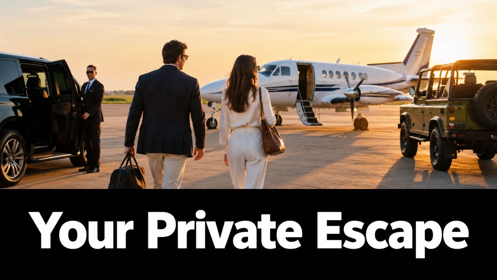 A couple walking toward a private airplane with a chauffeur standing by a luxury vehicle at sunset.