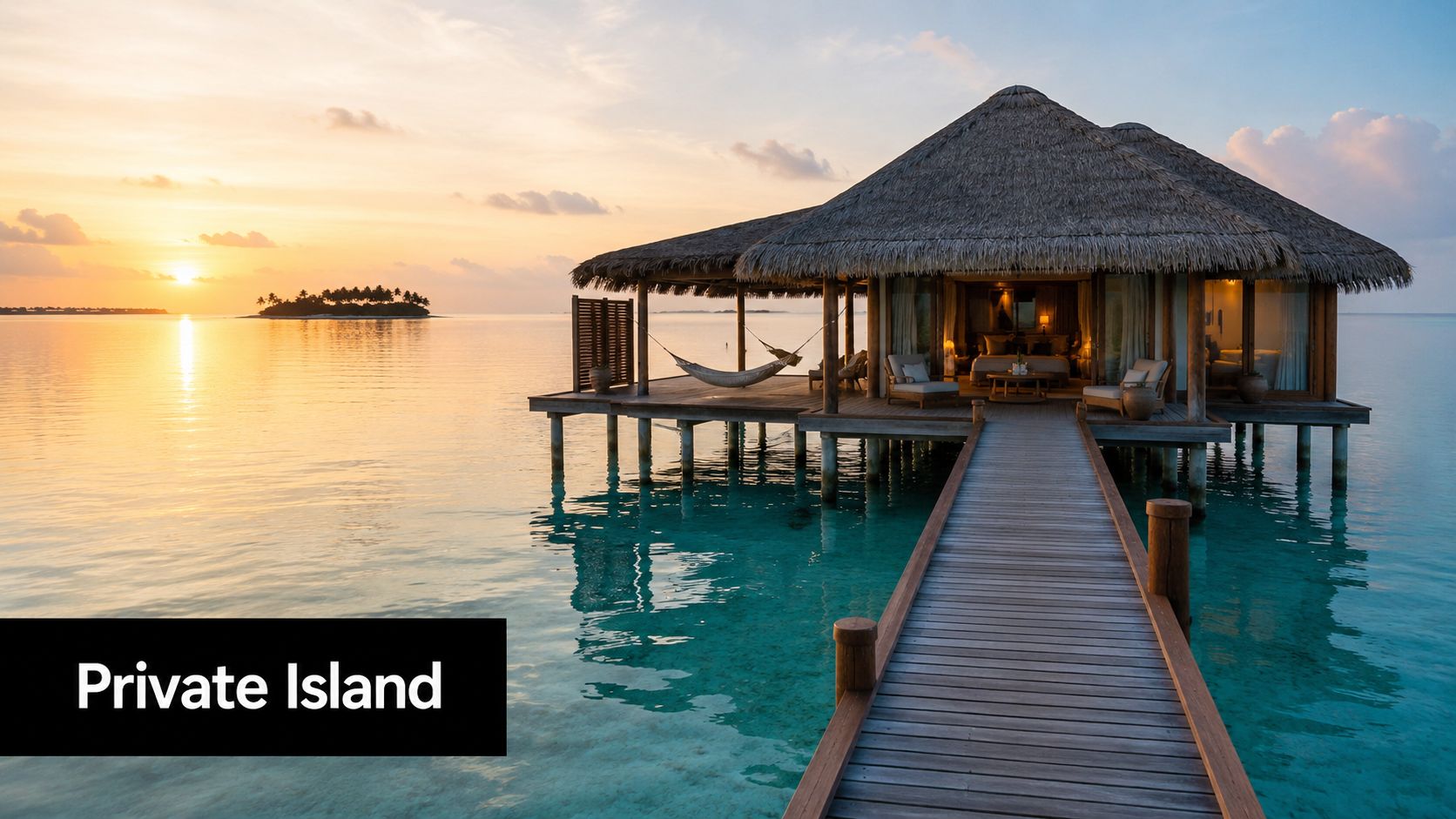 A luxury overwater bungalow with a wooden walkway during a beautiful sunset in the Maldives.