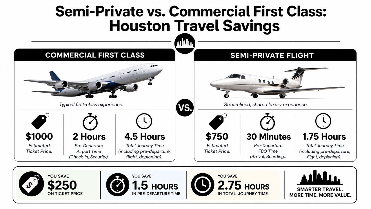 A comparative infographic showing the cost and time savings of semi-private flights versus commercial first class travel.