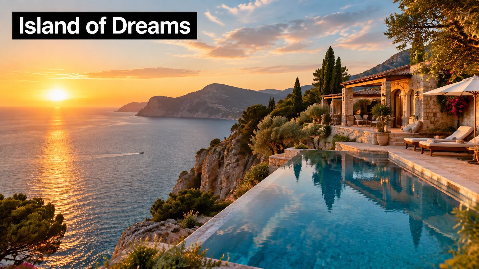 A breathtaking infinity pool overlooking the ocean at sunset near a luxurious Mediterranean style villa.