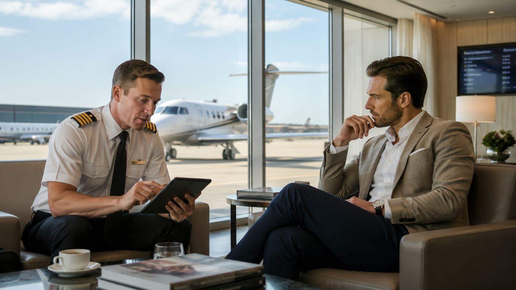 A professional airline pilot reviewing flight details on a tablet with a businessman in a lounge.