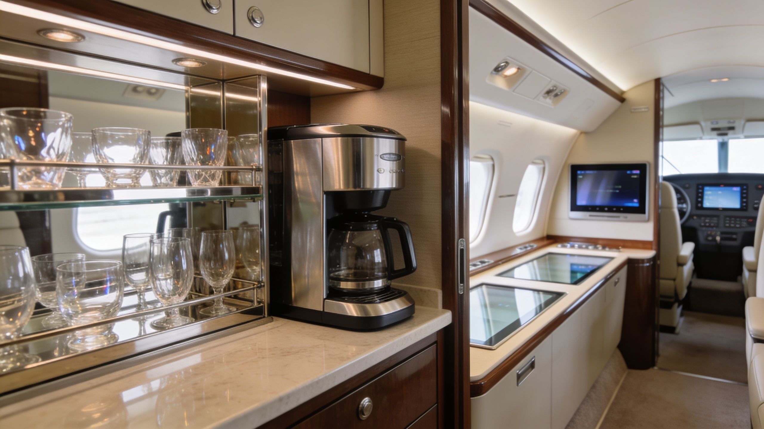 A luxurious kitchenette area with a coffee maker and glassware inside a modern private airplane cabin.