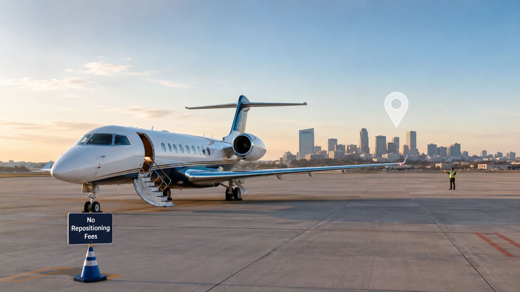 A private business jet parked on an airport tarmac with a city skyline backdrop and a location pin.