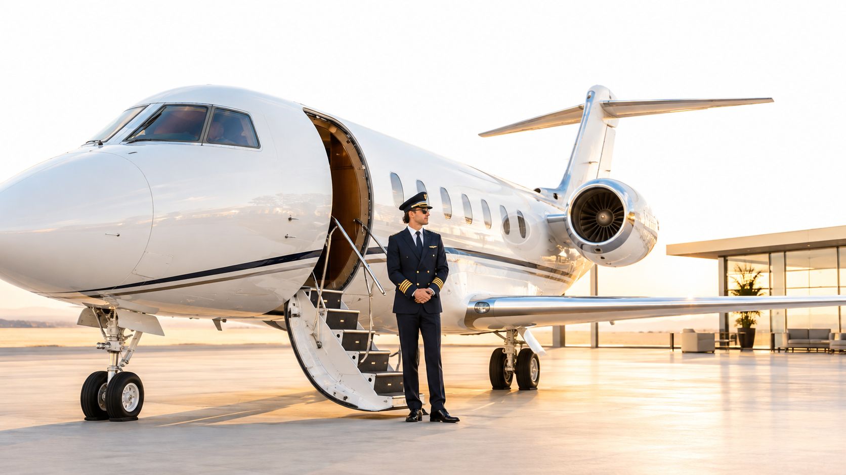 A professional pilot in uniform standing in front of a luxury private jet on the tarmac.