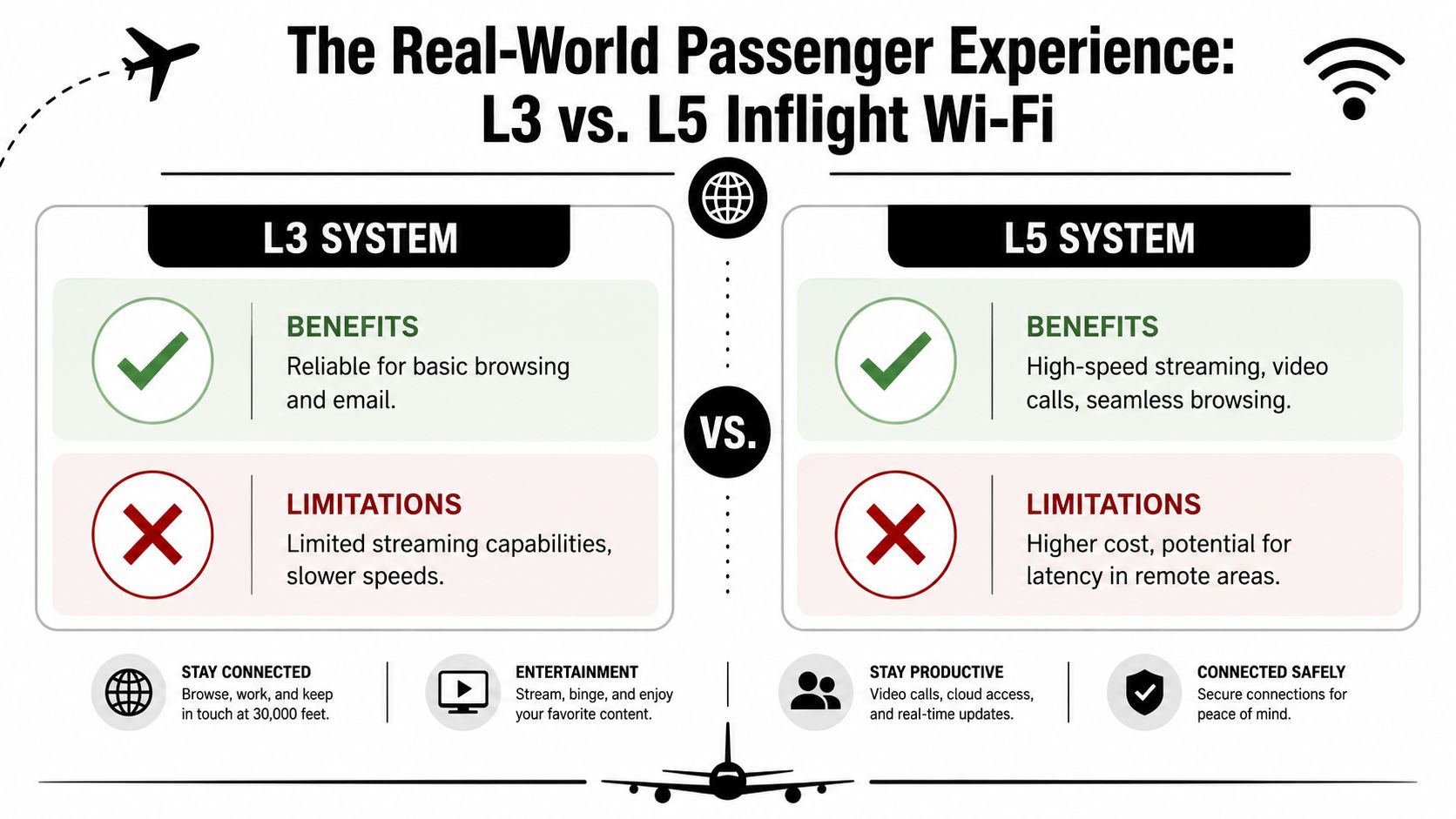A comparison chart outlining the differences between L3 and L5 inflight Wi-Fi systems for passengers.