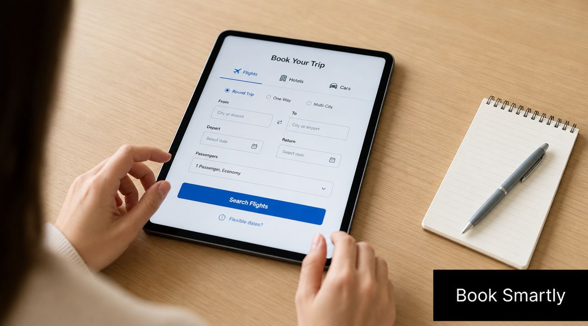 A person using a tablet to search for flight options on a travel booking website.