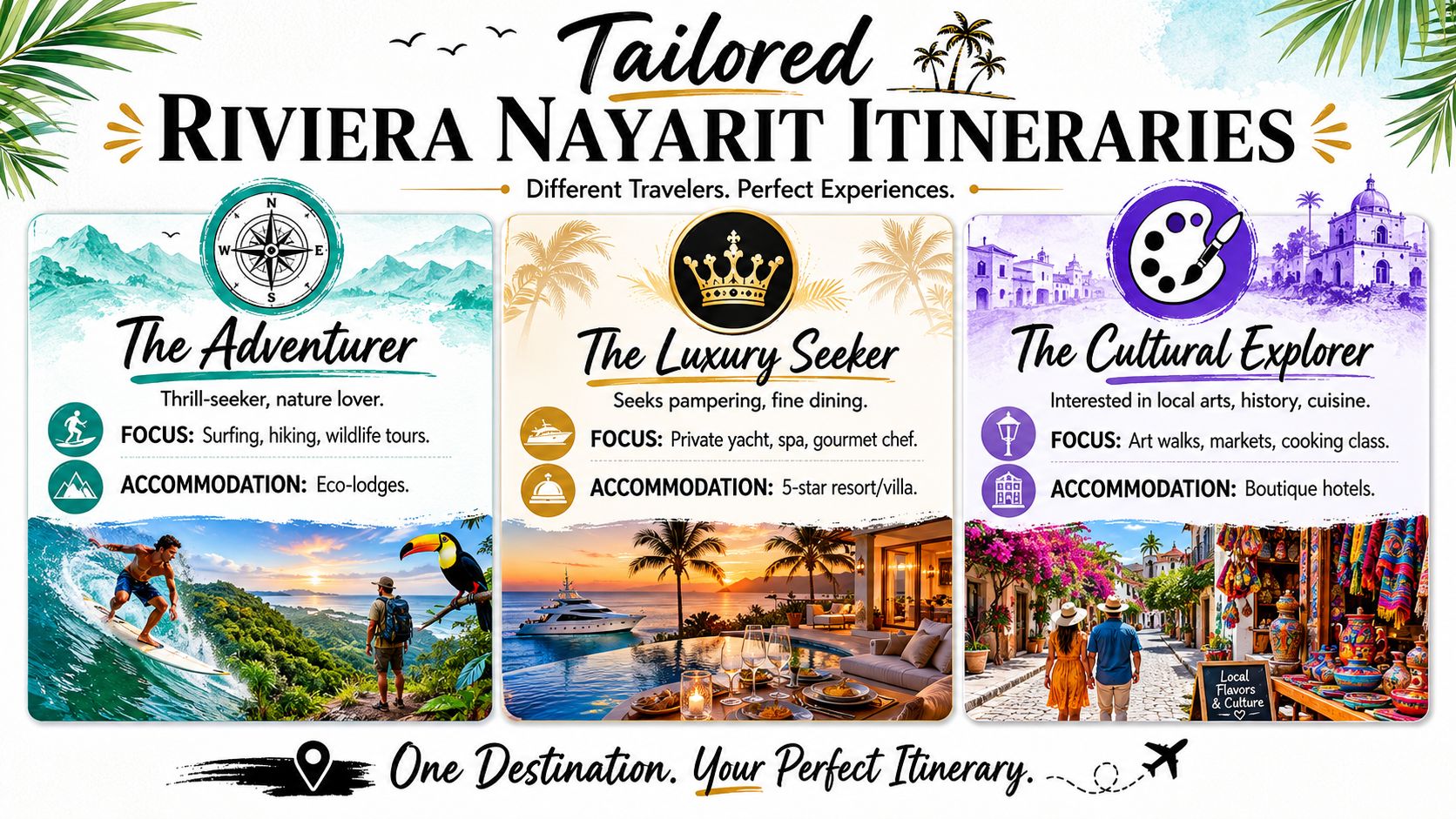 A travel guide poster titled Tailored Riviera Nayarit Itineraries showcasing customized experiences for adventurers, luxury seekers, and cultural explorers.