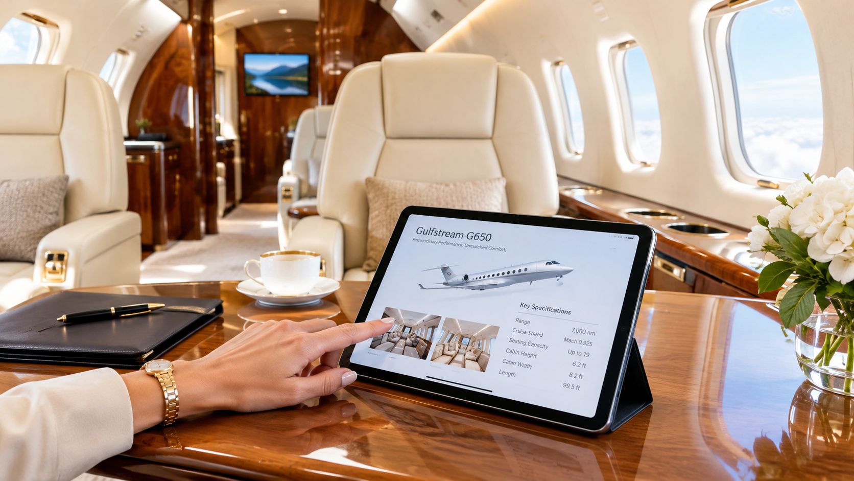 A person viewing Gulfstream G650 specifications on a tablet inside a luxury private jet cabin.