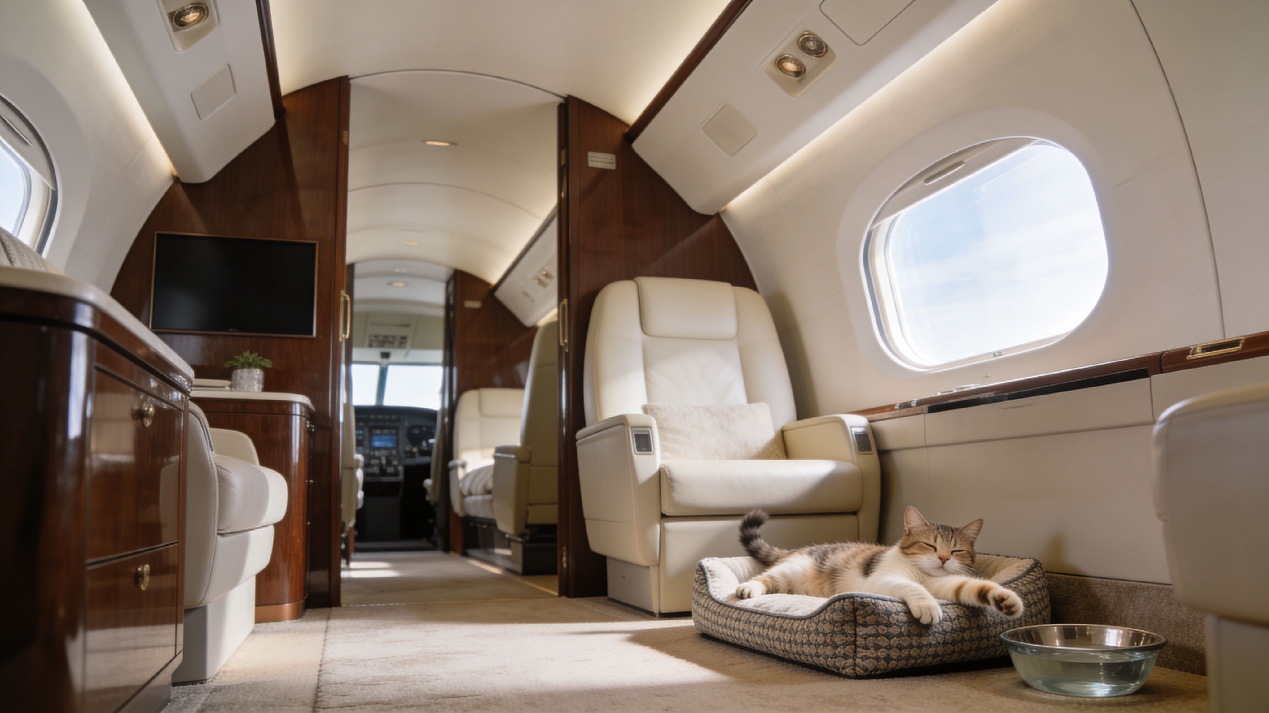 A cute cat sleeping peacefully on a small cushion inside a luxurious private jet cabin.