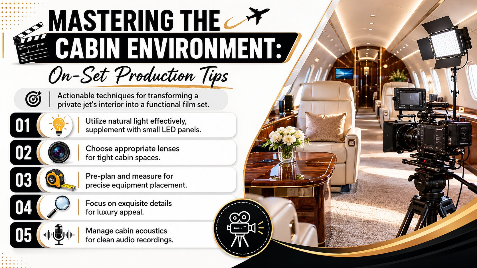 A professional camera set up inside a luxurious private jet cabin, accompanied by a numbered list of production tips.