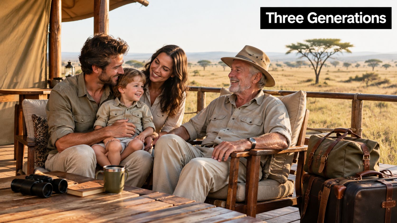 A happy multi-generational family enjoying a relaxing moment on a luxury safari lodge deck in Africa.
