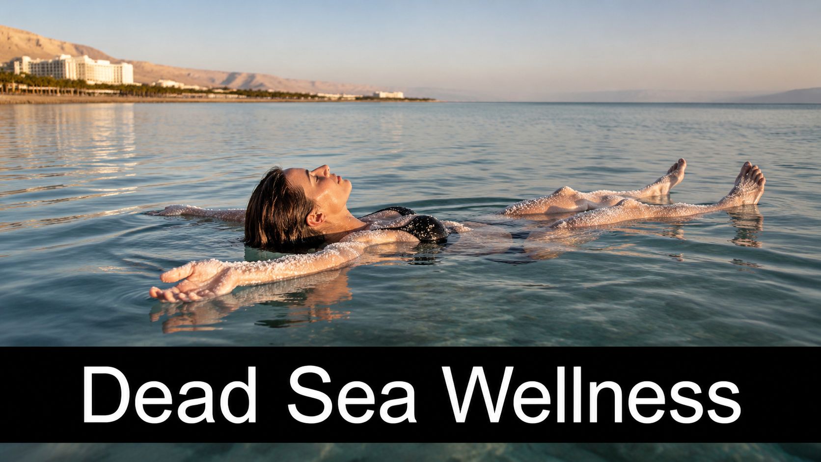 A woman floating peacefully in the crystal clear, salty waters of the Dead Sea at sunset.