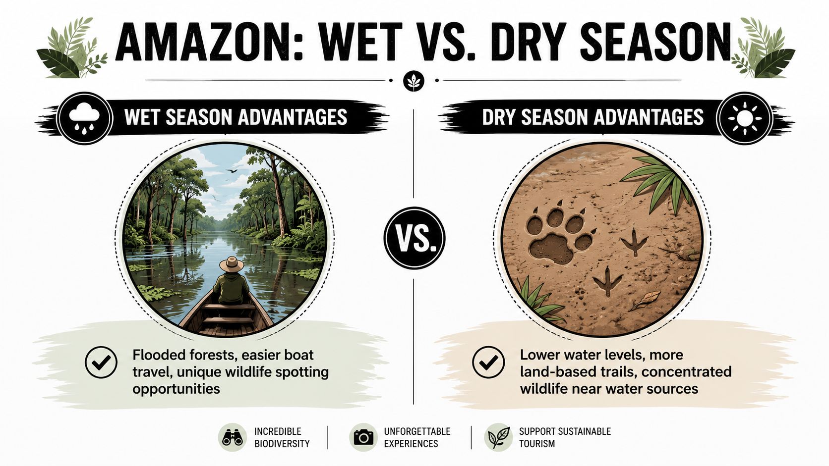 An infographic comparing the advantages of visiting the Amazon rainforest during the wet versus dry seasons.