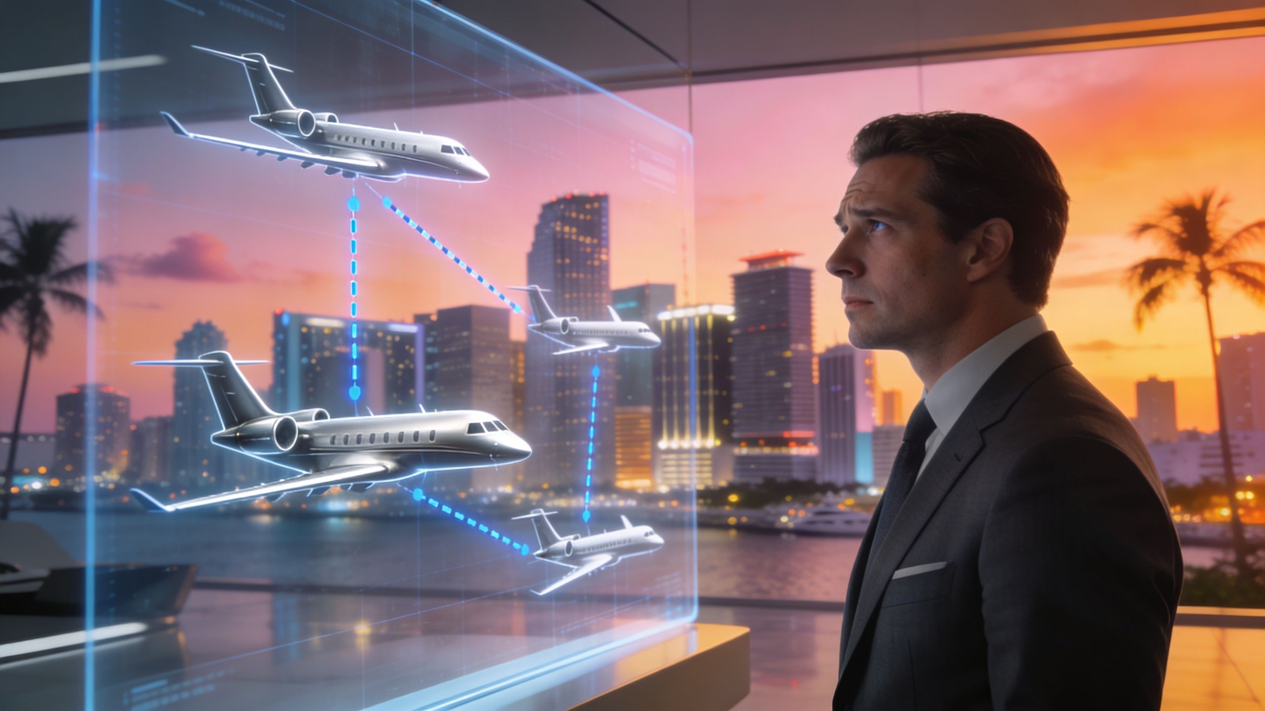 A professional man in a suit looks at a digital display showing private jet flight logistics in Miami.