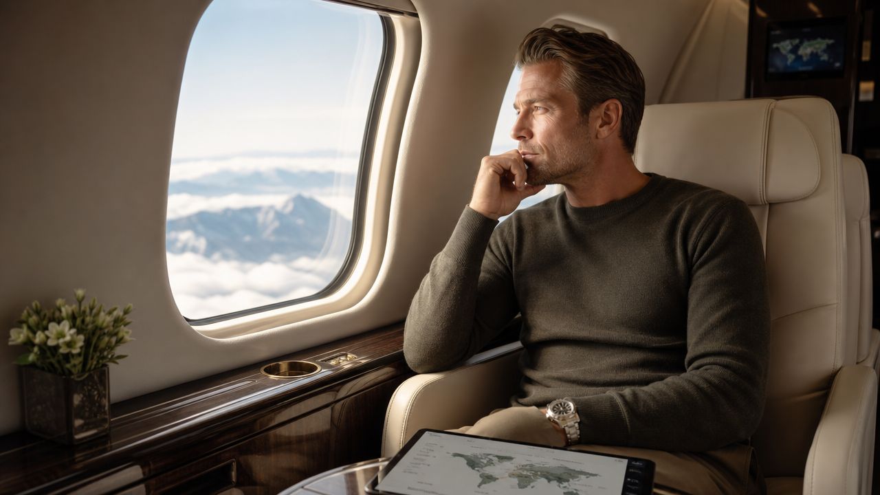 A sophisticated man looking out the window of a private jet with a world map tablet