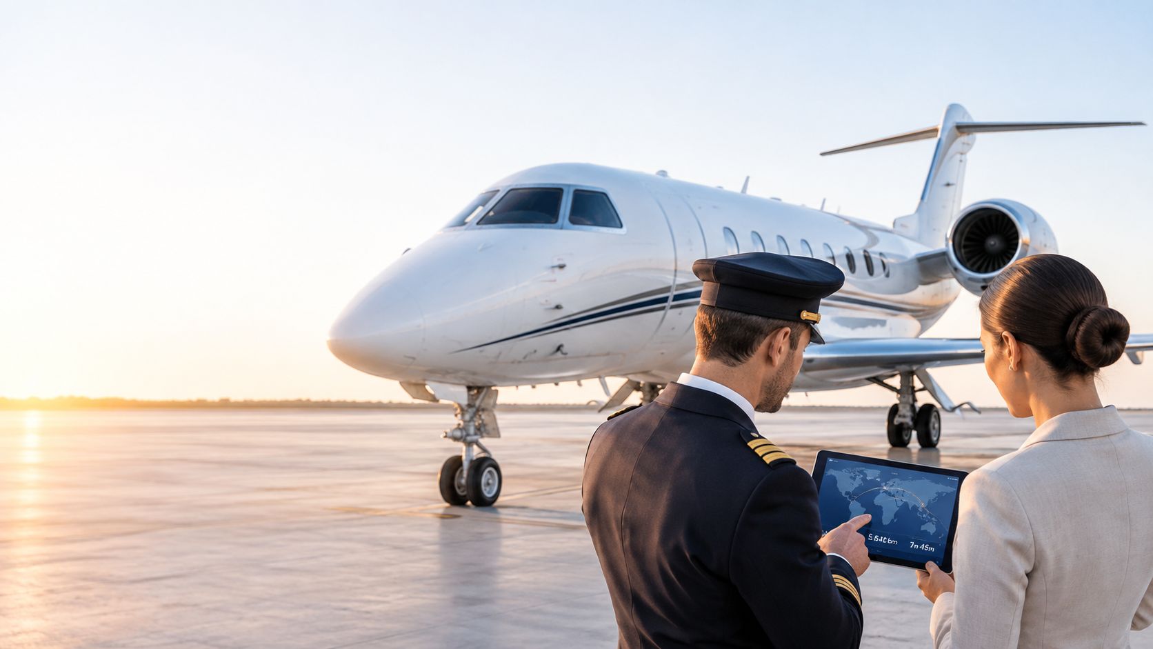 A professional pilot and a business colleague reviewing a flight route map on a tablet near jet.