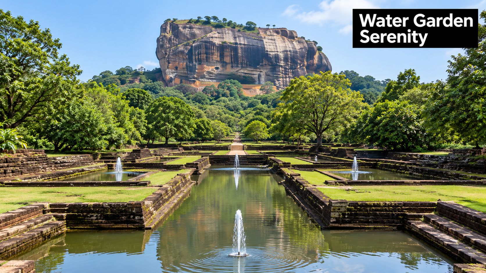 A serene view of the ancient Sigiriya water gardens with stone pools, fountains, and the large rock fortress.