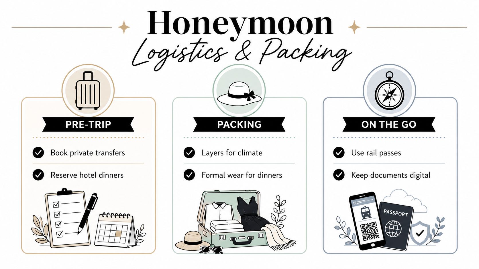 A checklist infographic titled Honeymoon Logistics and Packing featuring sections for pre-trip preparation, packing essentials, and travel advice.