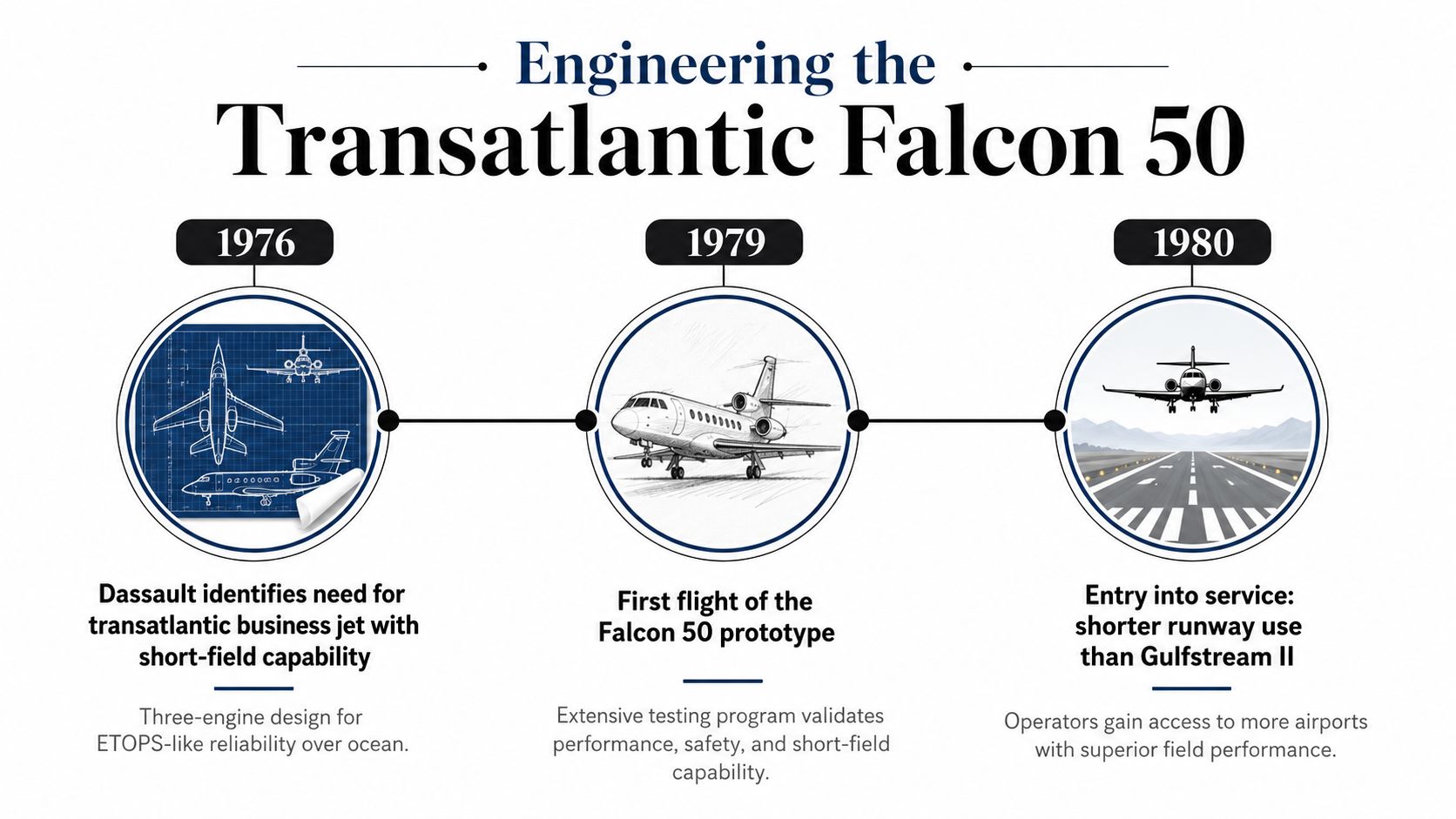A timeline graphic showing the 1976, 1979, and 1980 developmental milestones of the Dassault Falcon 50 aircraft.