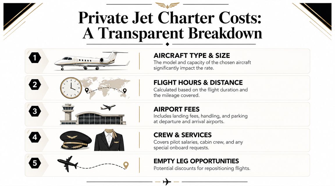 An infographic titled Private Jet Charter Costs detailing five factors influencing private aviation pricing and expenses.