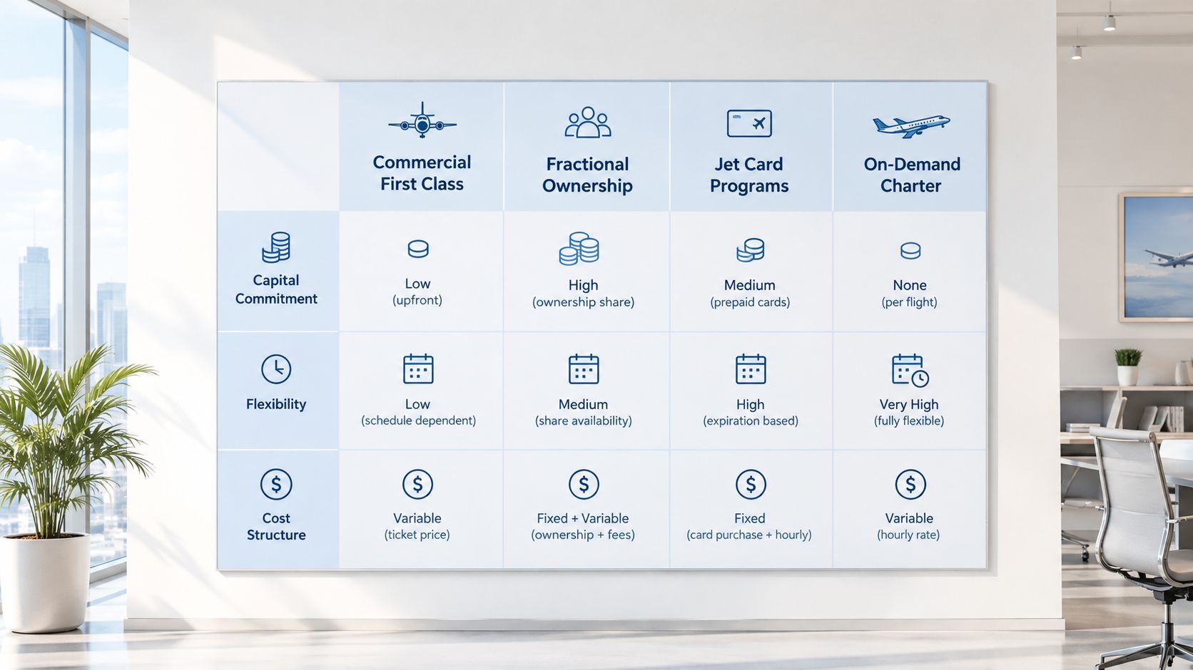 A comparison chart outlining capital commitment, flexibility, and cost structure for various private and commercial aviation options.