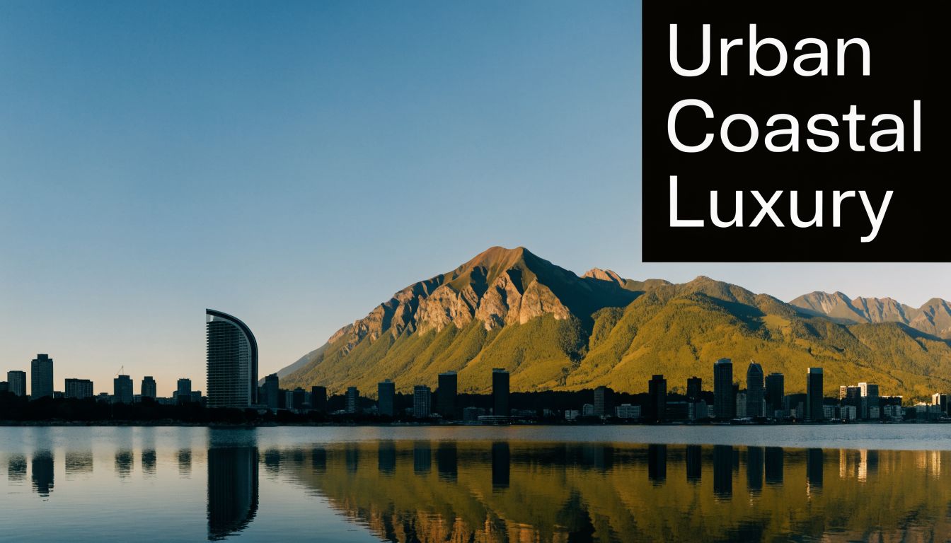 A modern city skyline set against a large mountain backdrop reflected in calm coastal waters.