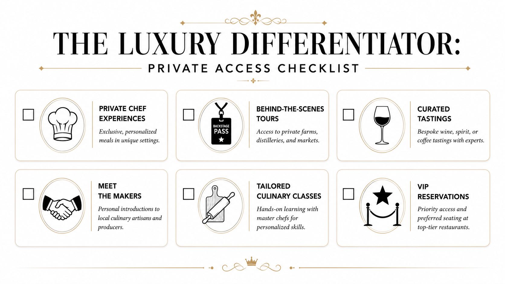 An infographic titled The Luxury Differentiator featuring a checklist of exclusive, high-end culinary and travel experiences.