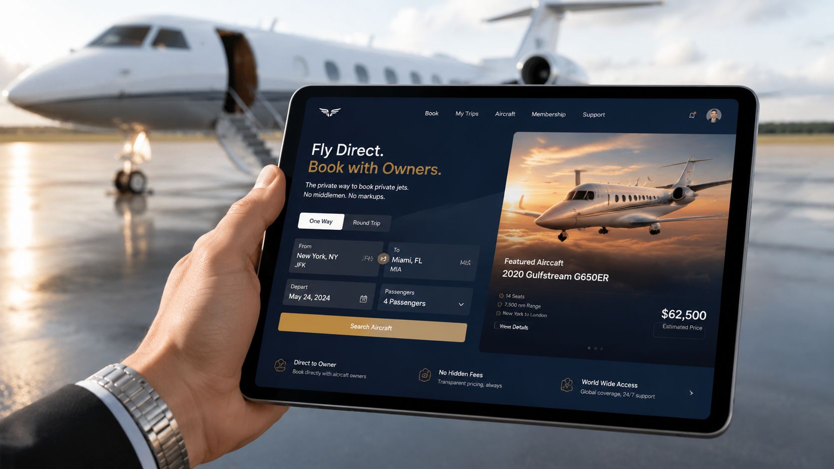 A person holding a tablet showing a private jet booking app on a runway at sunset.