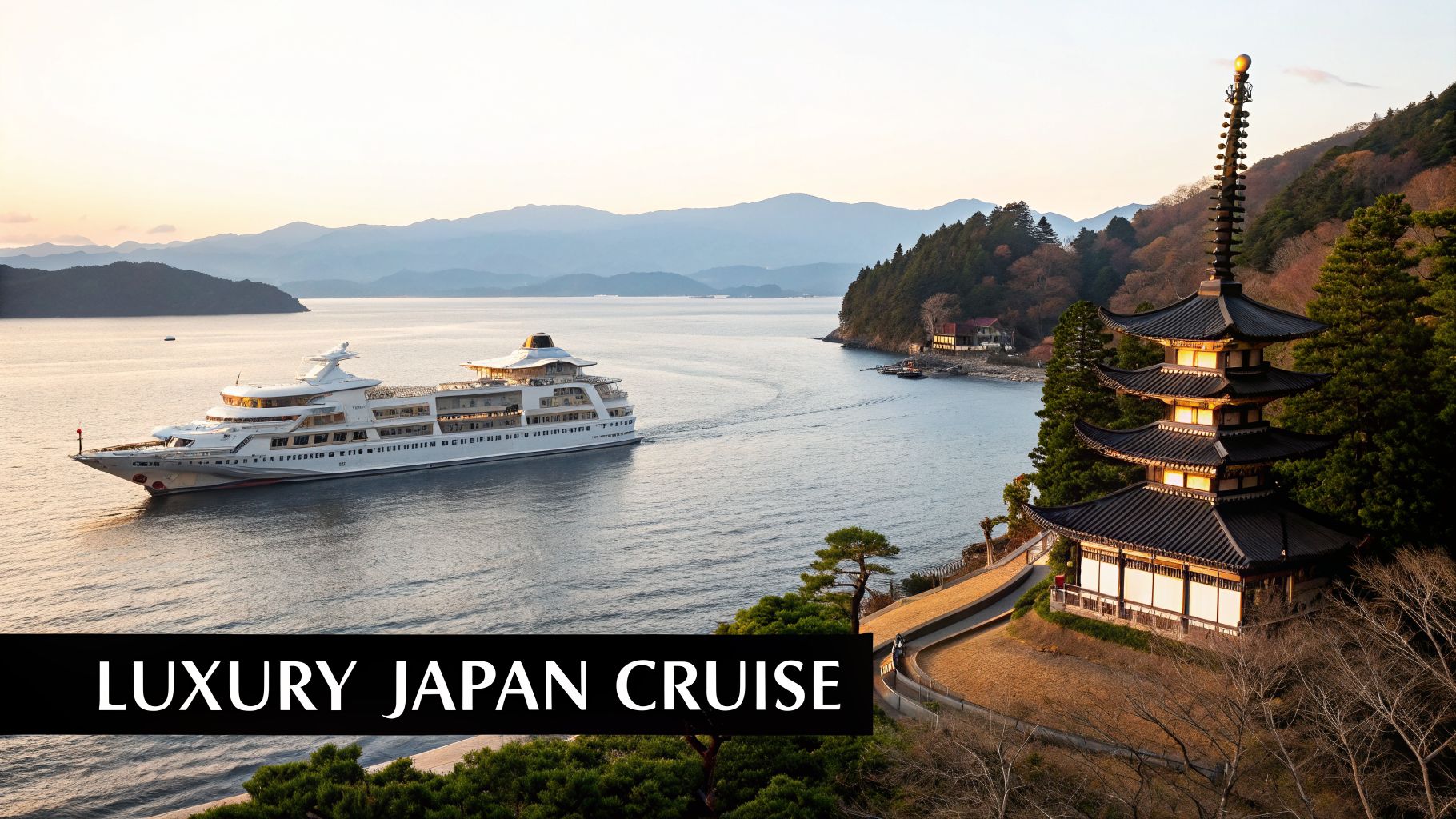 A luxury cruise ship sails past a traditional Japanese pagoda by the water, with mountains at sunset.