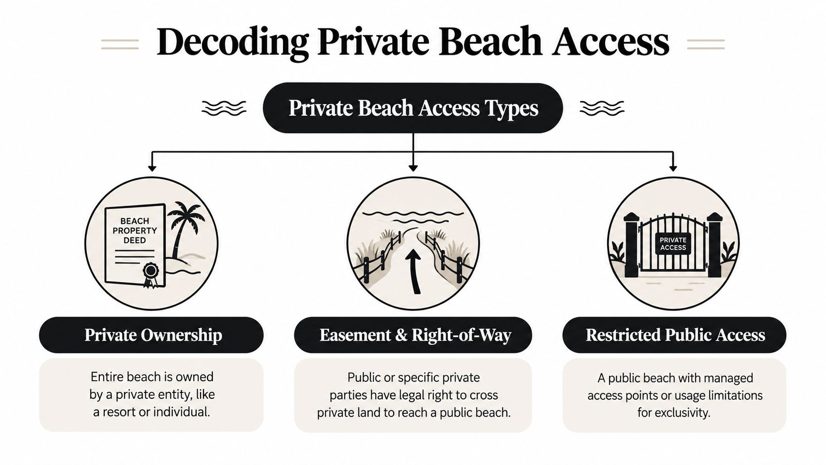 A diagram titled Decoding Private Beach Access illustrating three types: Private Ownership, Easement and Right-of-Way, and Restricted Public Access.