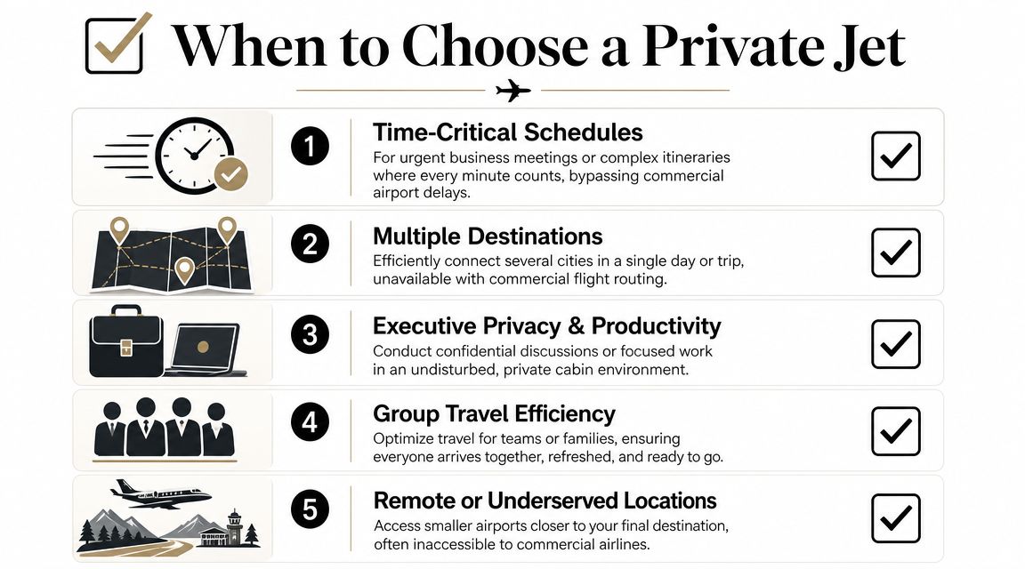 An infographic titled When to Choose a Private Jet, listing five key benefits of private air travel.