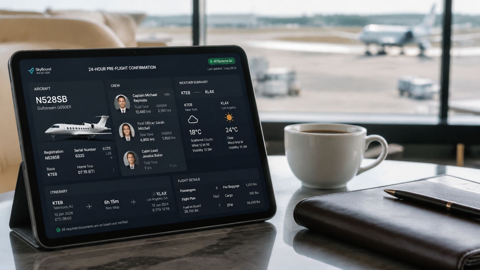 A digital tablet displaying corporate flight details on a desk next to a coffee cup and notebook.