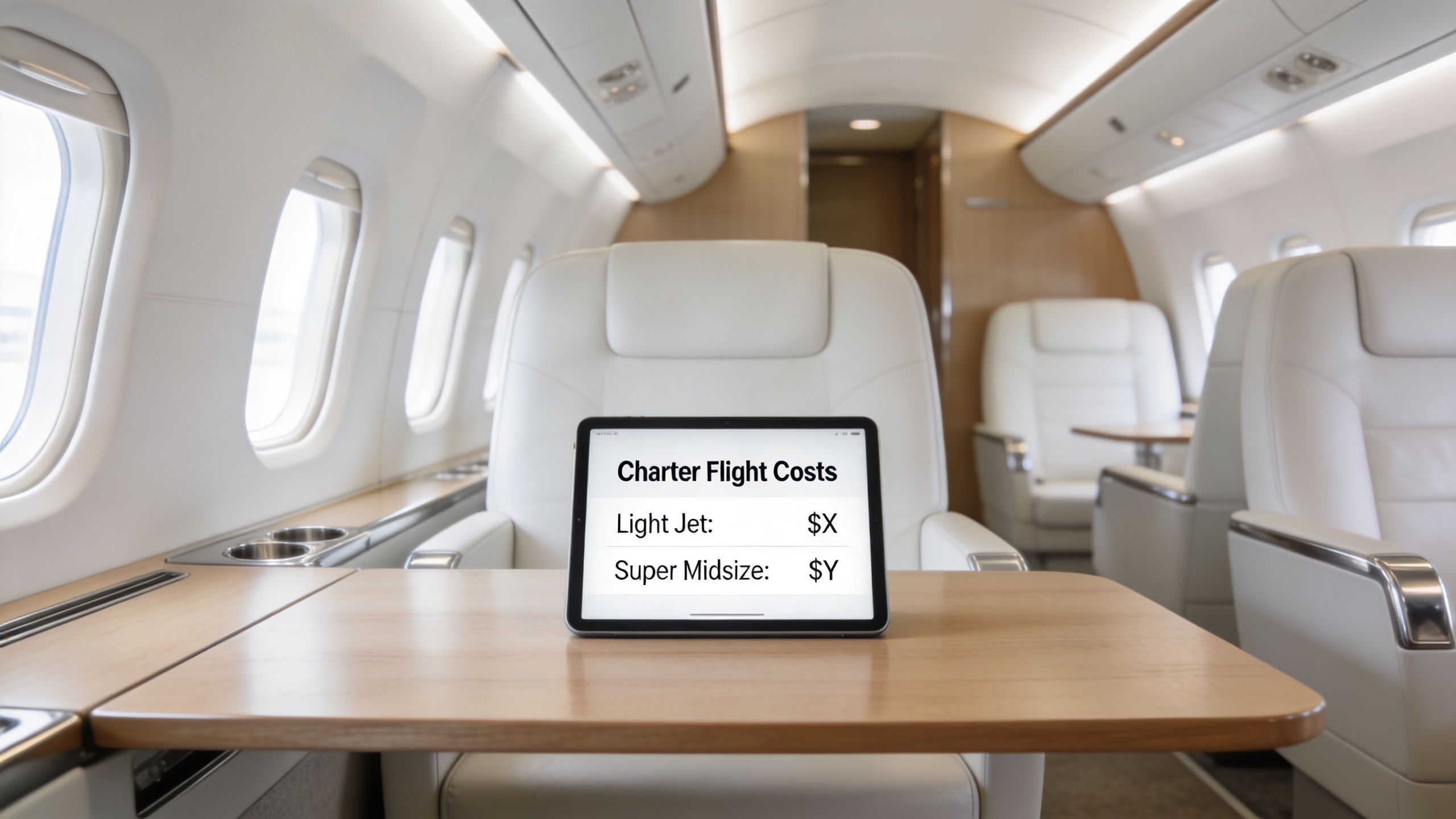 A digital tablet sits on a wooden table inside a luxury private jet cabin interior.