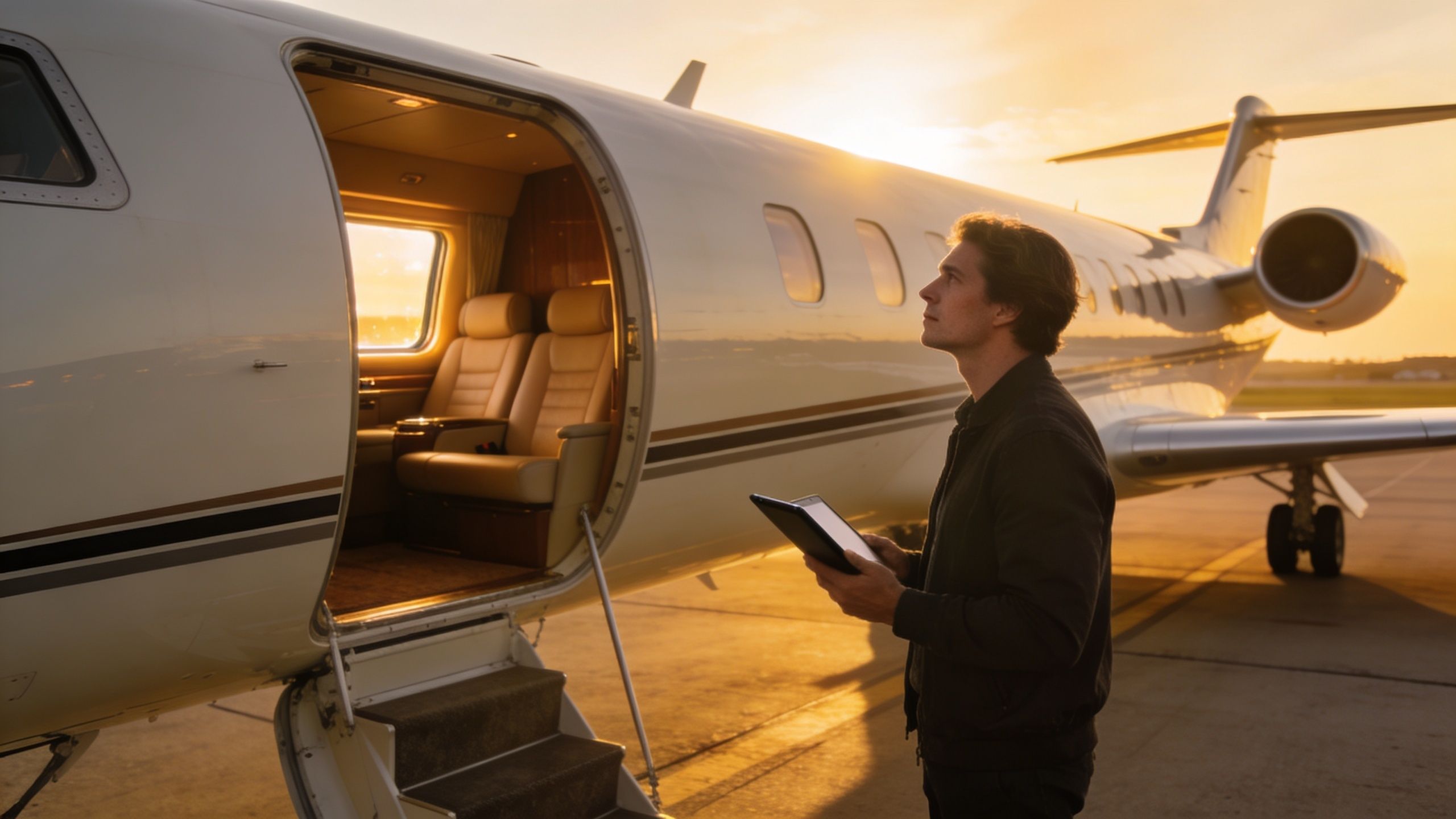 A man holding a digital tablet stands before a private jet parked on the tarmac at sunset.