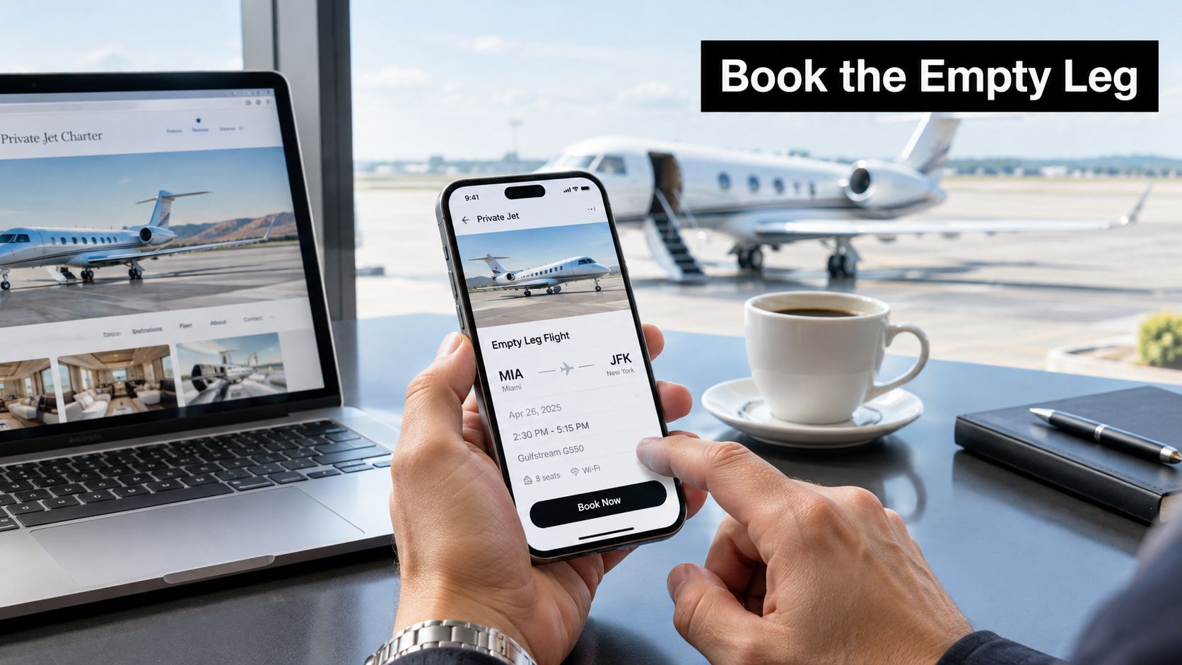 A person booking a private jet empty leg flight using a smartphone app while sitting by a laptop.