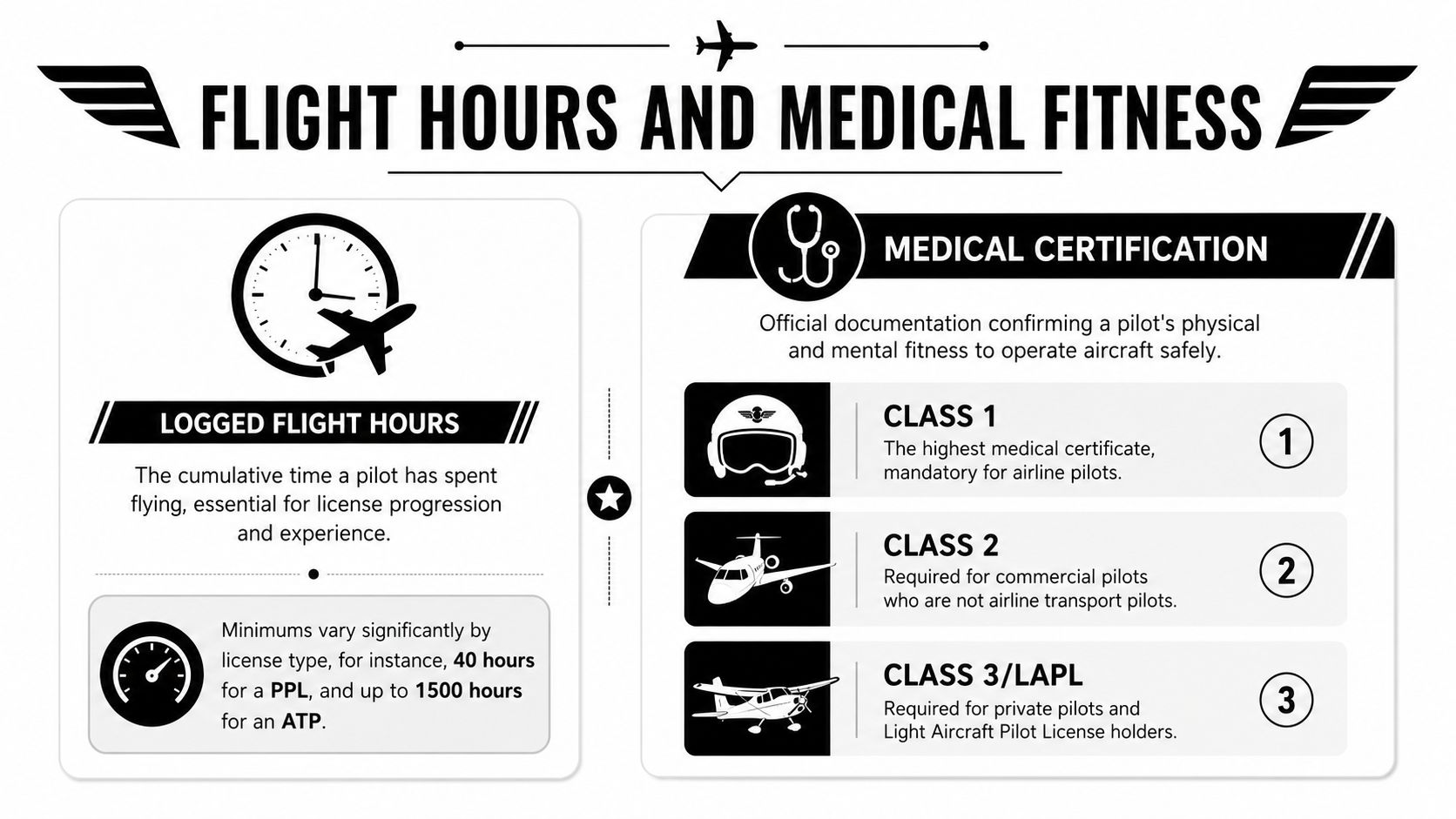 An infographic detailing flight hour requirements and medical certification classes for various pilot license types.