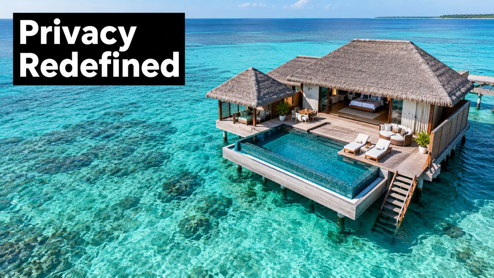 An overwater luxury honeymoon suite with a private infinity pool overlooking the turquoise ocean in Maldives.