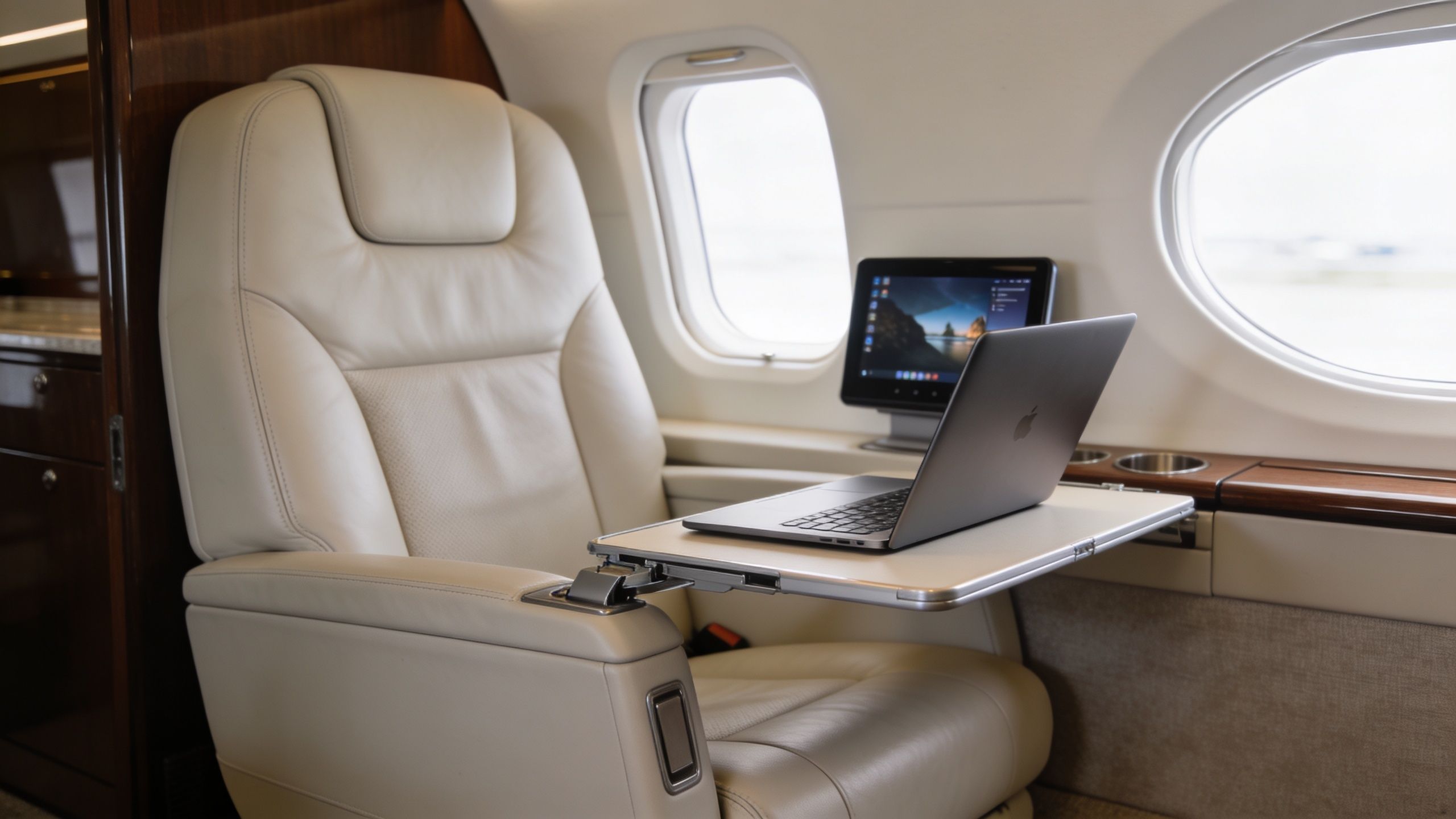A luxurious private jet cabin featuring a beige leather seat, a wooden table, and a laptop.