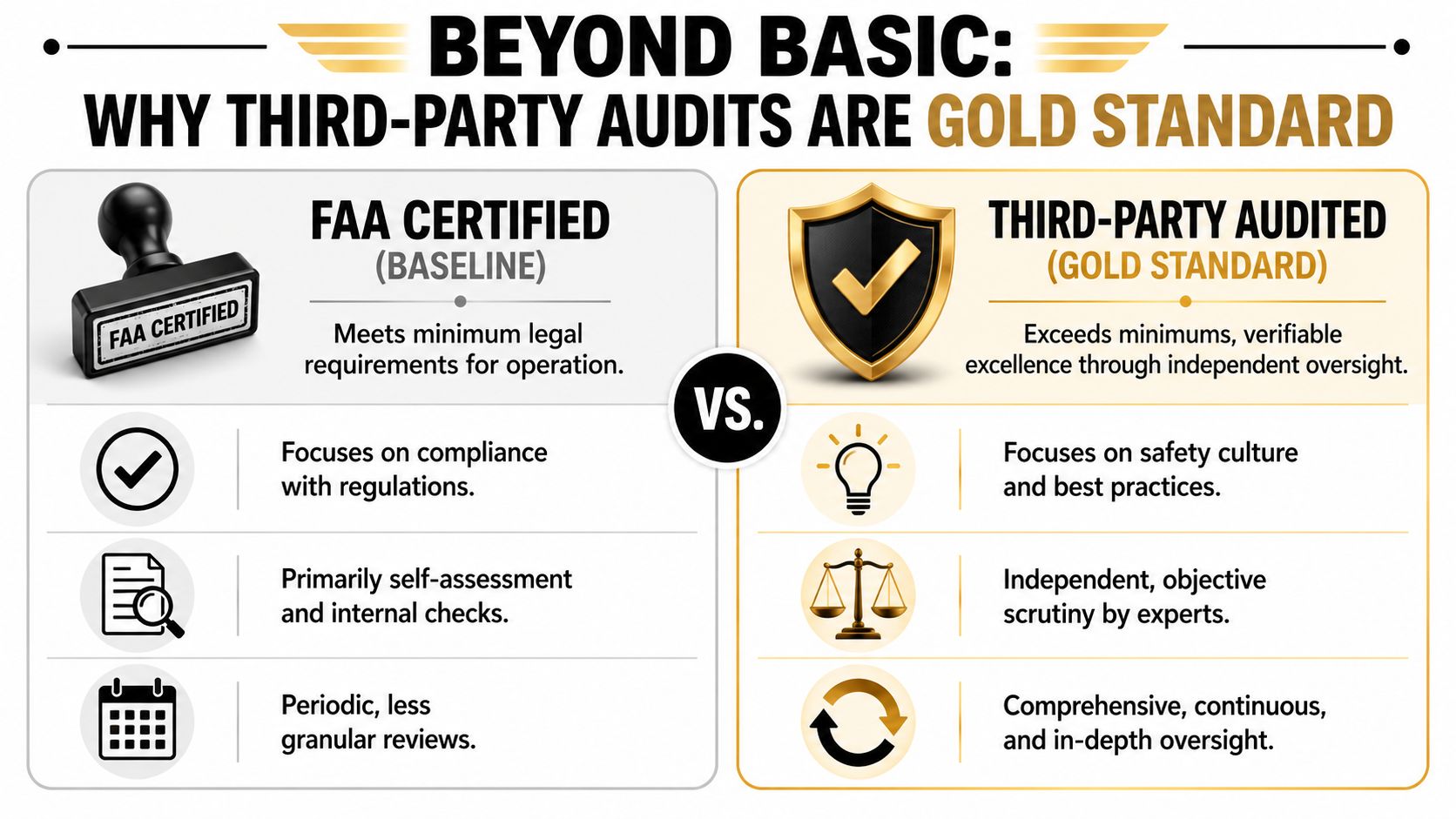A comparison chart showing FAA certification as a baseline versus third-party audits as the industry gold standard.