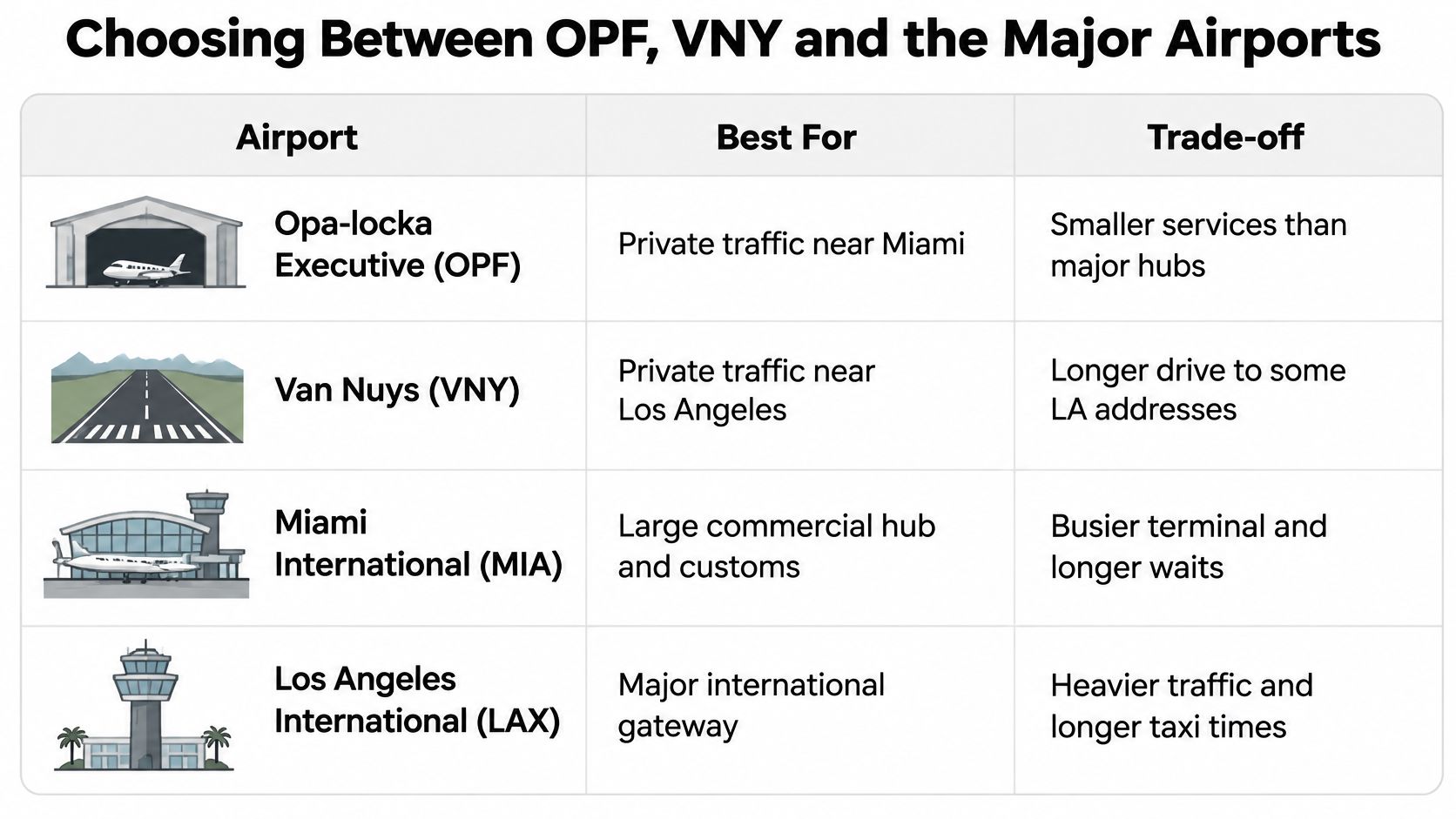 A table comparing private and commercial airports in Miami and Los Angeles for travel planning.
