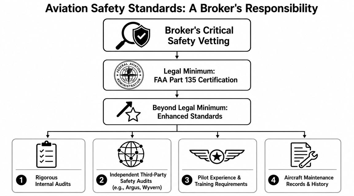 A flowchart detailing aviation safety standards and vetting processes for an aircraft charter broker.