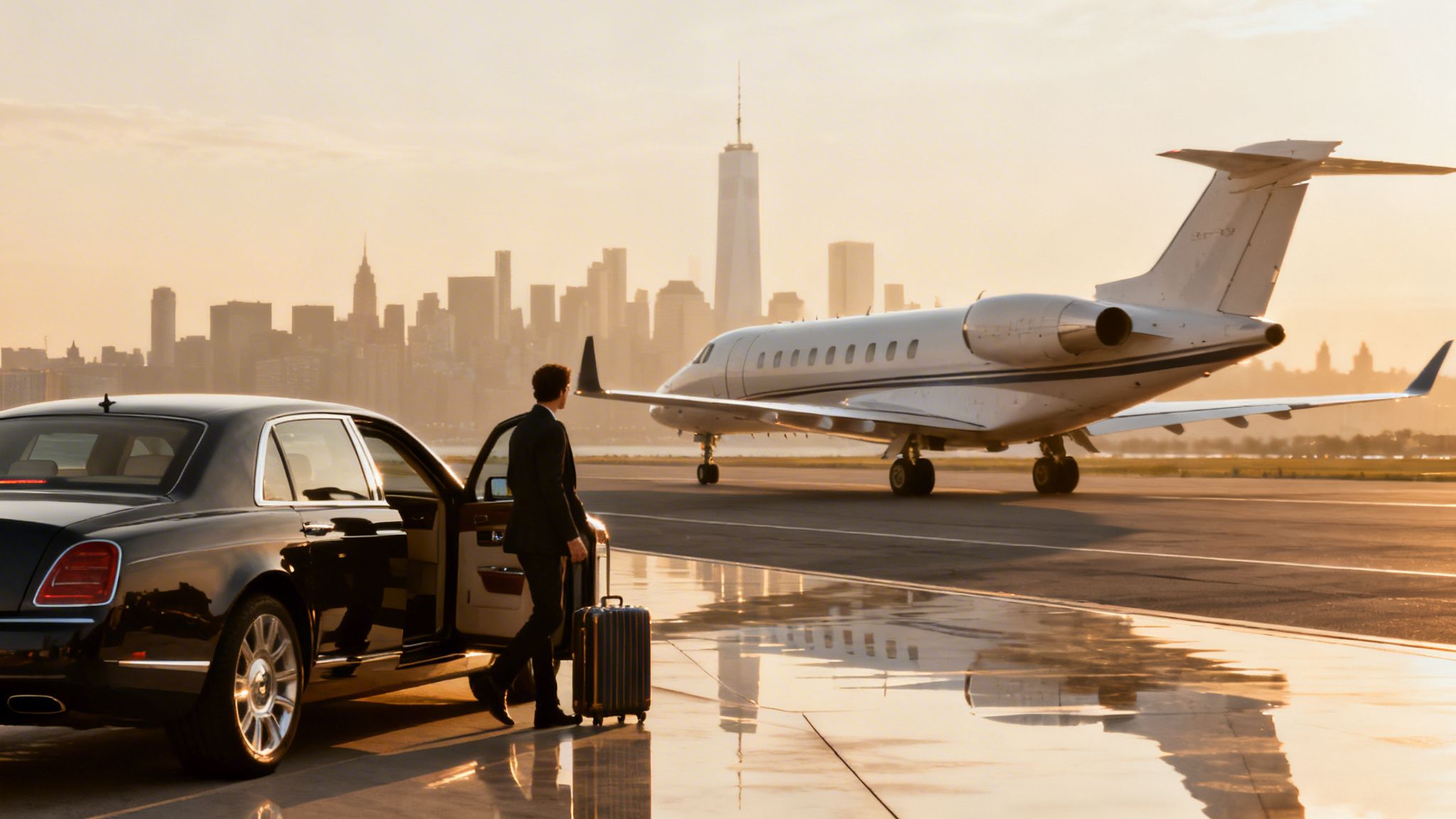 Businessman exits luxury car with luggage, approaching private jet with New York City skyline at sunset.