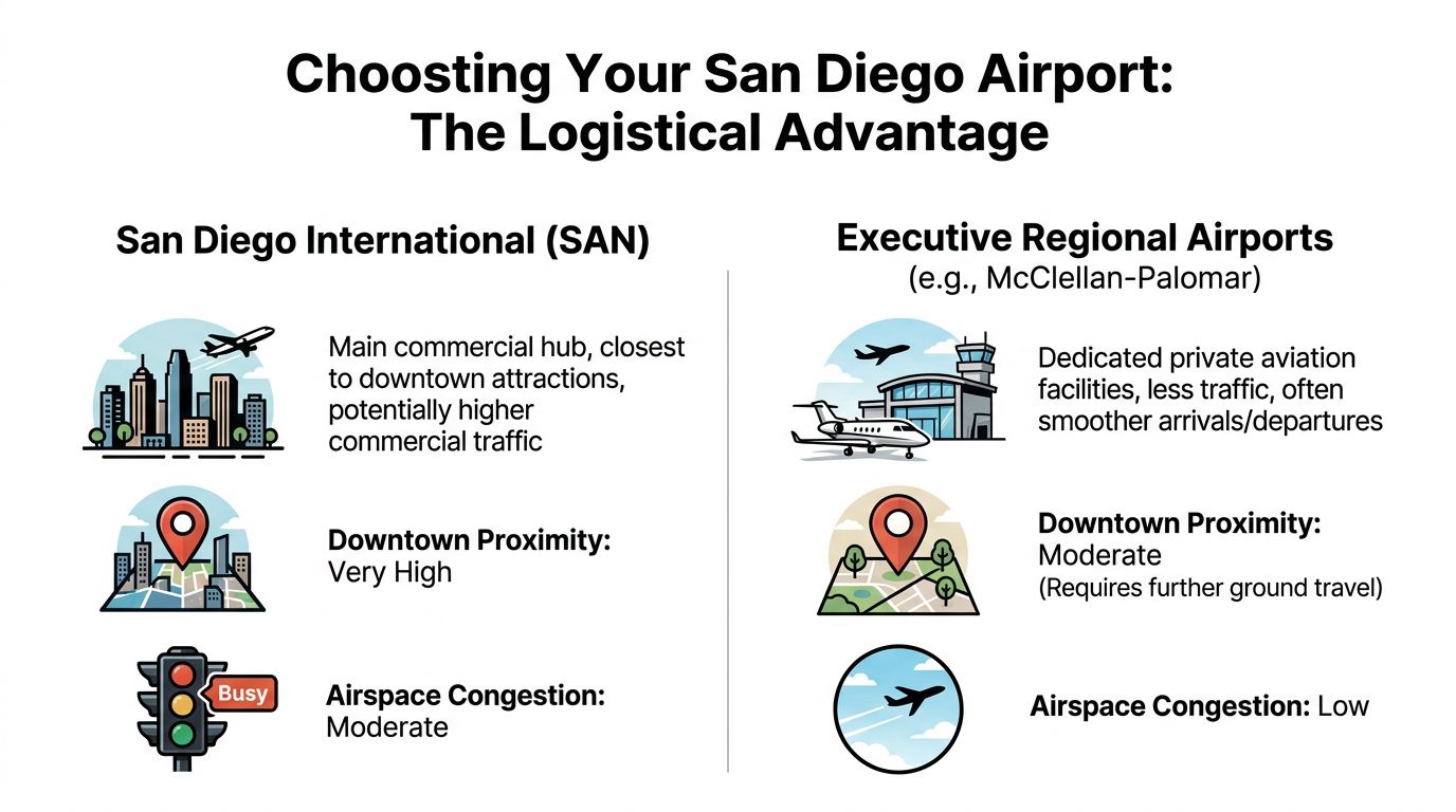 A comparison chart showing logistical advantages between San Diego International and executive regional airports for travel.
