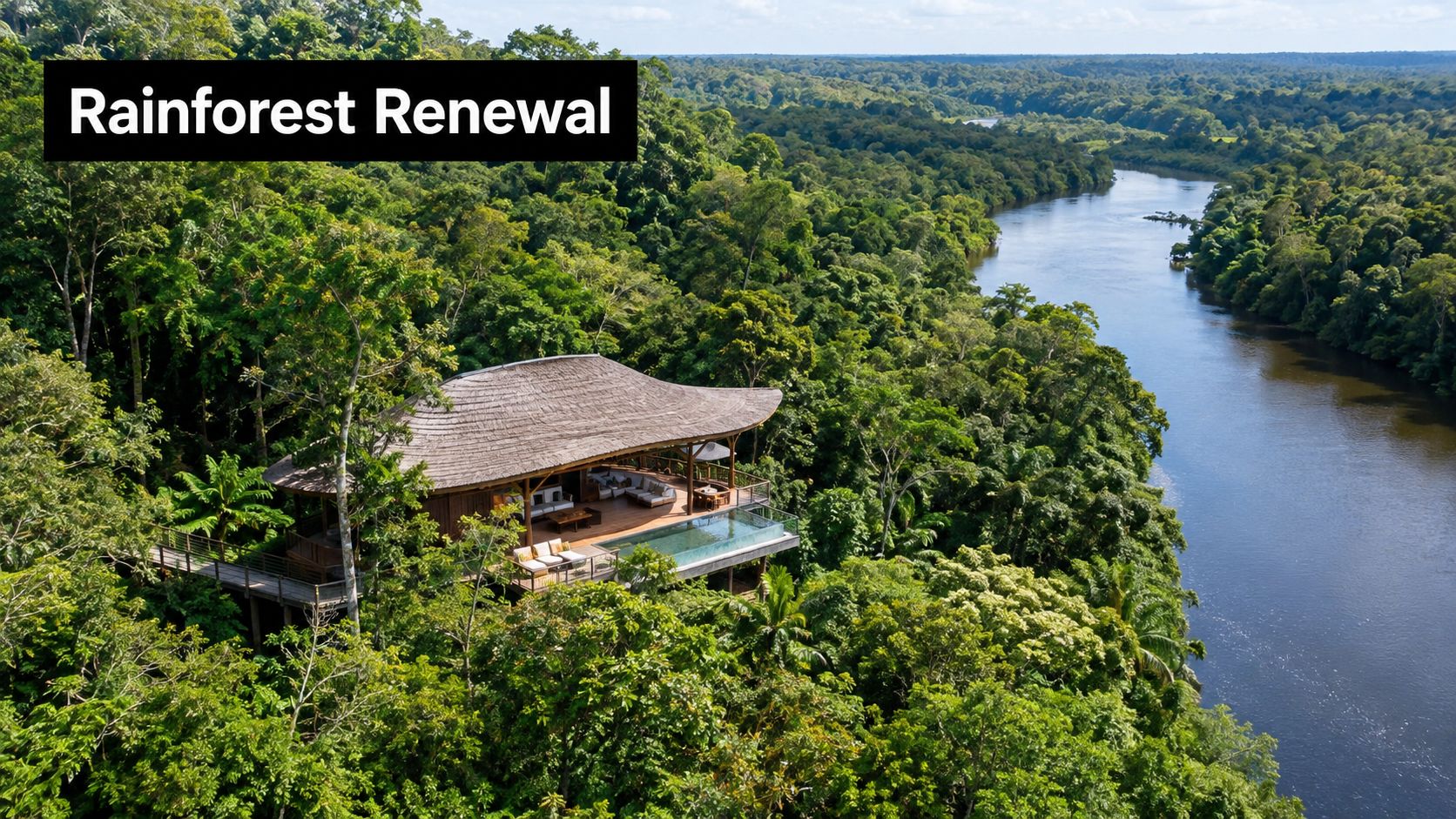 A luxurious villa nestled in the lush Amazon rainforest overlooking a winding river during the day.