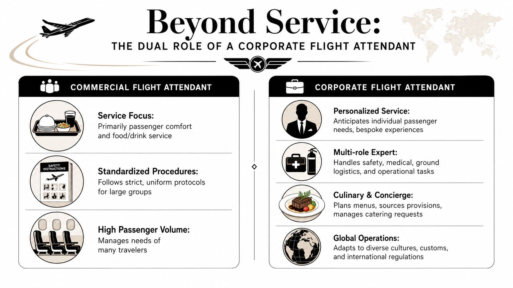 A comparison infographic showing the key differences between commercial and corporate flight attendant roles and responsibilities.