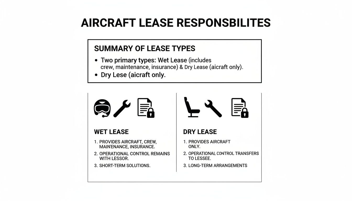 Infographic detailing aircraft wet and dry lease types, responsibilities, and key differences with icons.