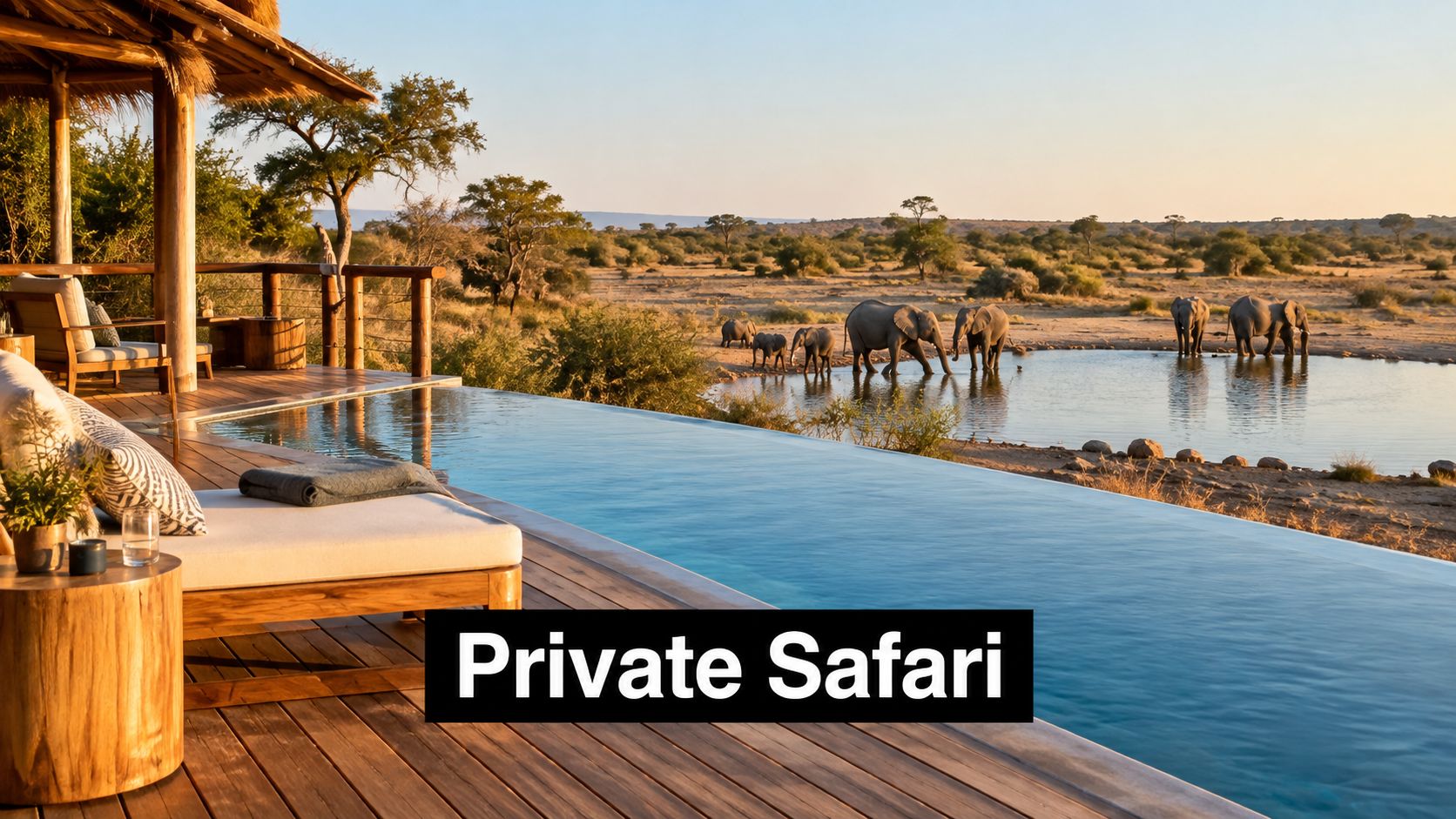 A luxury safari lodge patio with an infinity pool overlooking elephants drinking at a watering hole.