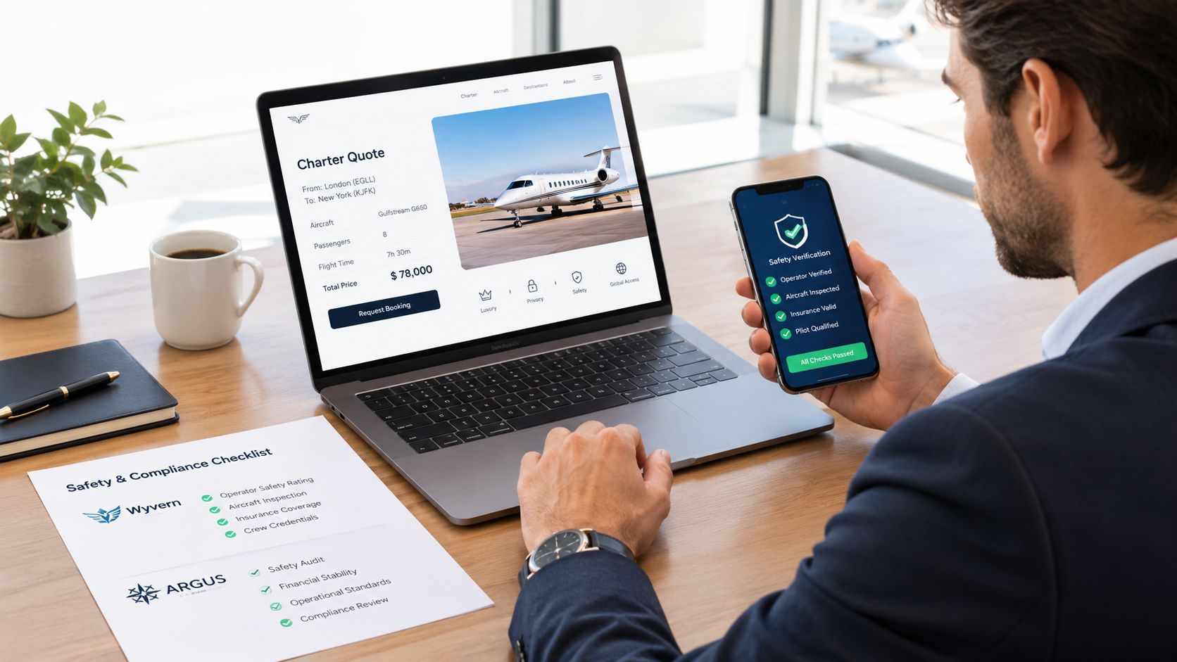 A professional checking private jet safety verification details on a laptop and a mobile phone at a desk.