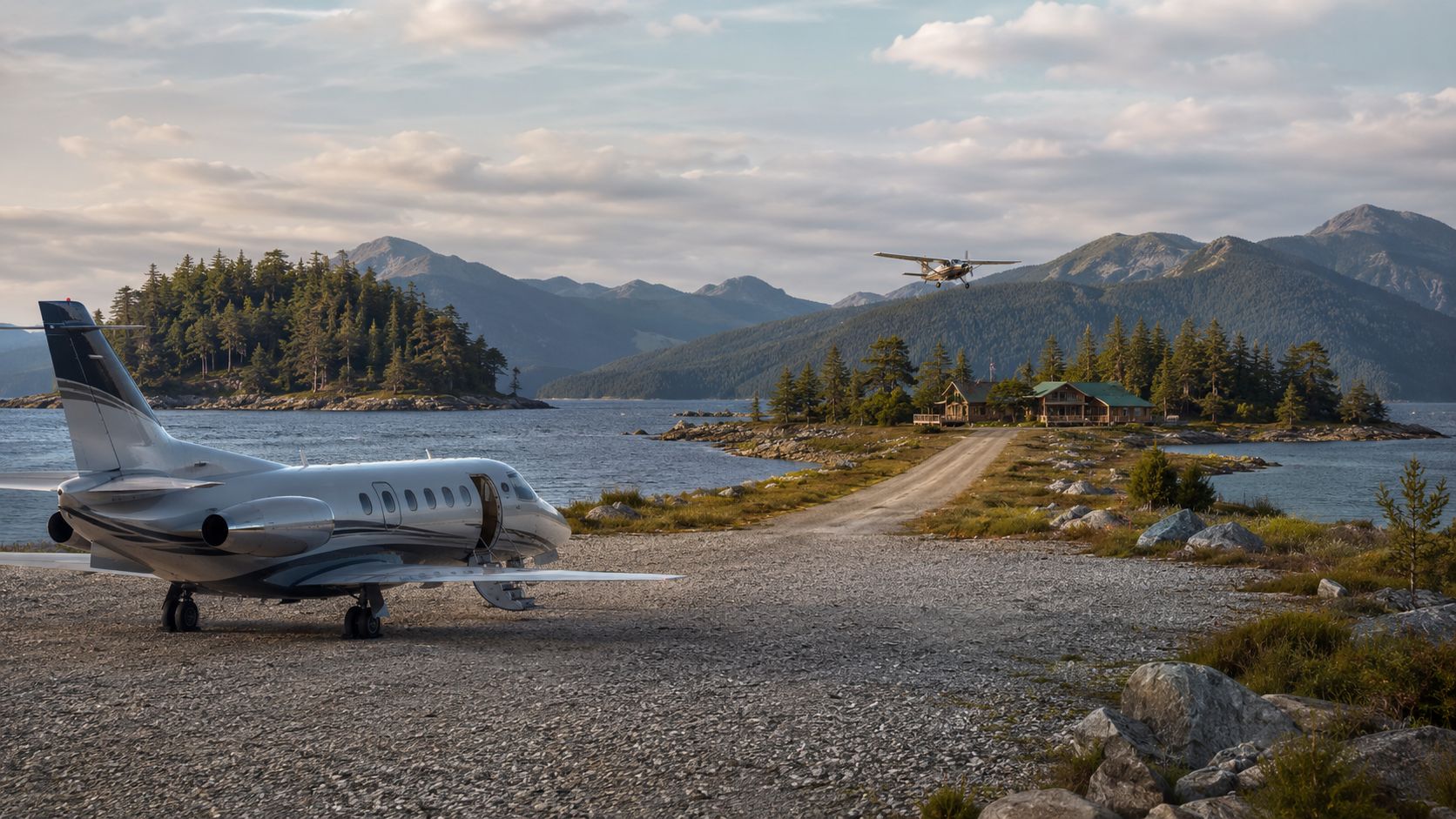 A luxurious private jet parked on a gravel runway near a serene mountain lake house cabin.