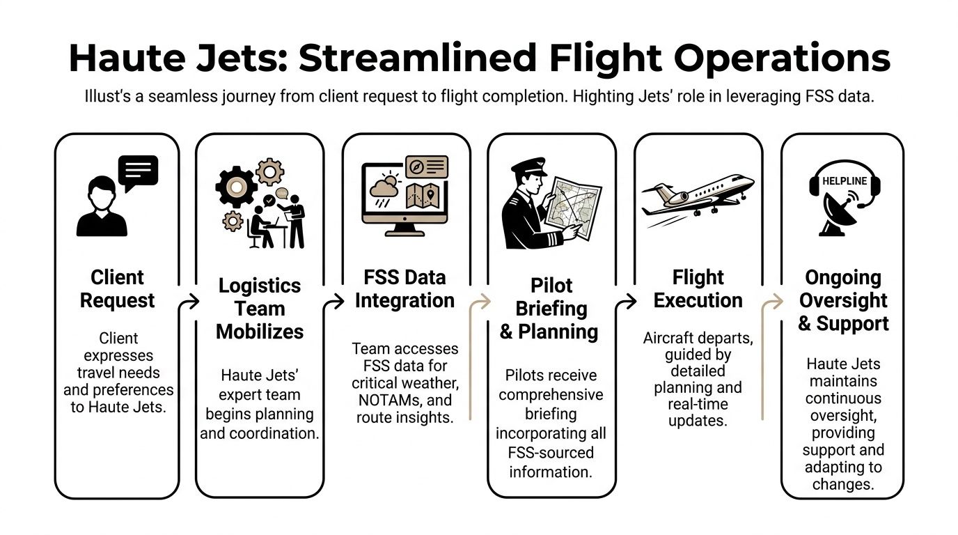 A diagram illustrating the six-step streamlined flight operations process for Haute Jets using FSS data integration.